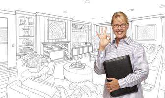 mujer con signo de OK sobre la foto de dibujo de la sala de estar