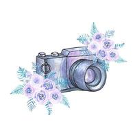 Hand-drawn sketch of a vintage camera with flowers, watercolor vector