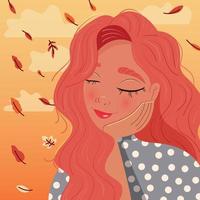 Beautiful red haired girl leaning on her hand with closed eyes, daydreaming, with autumn leaves falling and clouds. Colorful illustration. Vector. vector