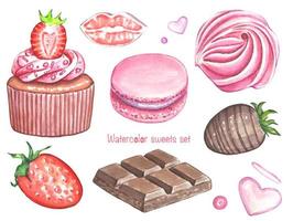 Watercolor set with sweets. Chocolate, cake, marshmallows, strawberries, cookies. food illustrations vector