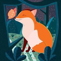 Cute red baby fox playing with a butterfly in a forest at night. Colorful handdrwan illustration of beautiful animals. Vector. vector