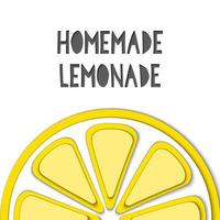 Vector paper cut yellow lemon, cut shapes. 3D abstract paper art style, origami concept design, food packaging, advertising, detox, cosmetics, healthy eating. Paper cut craft font, Handmade Lemonade.
