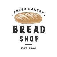 Vintage style bakery shop label, badge, emblem, logo. Colorful vector graphic art with engraved design element loaf of bread. Hand drawn graphic on white background.