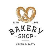 Vintage style bakery shop simple label, badge, emblem, logo template. Graphic food art with engraved pretzel design vector element with typography. Hand drawn organic bagel on white background.