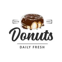 etiqueta simple de tienda de panadería de estilo vintage, placa, emblema, plantilla de logotipo. arte gráfico de comida con elemento vectorial de diseño de donut grabado con tipografía. donut orgánico dibujado sobre fondo blanco. vector