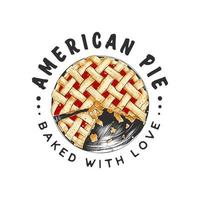 Vintage style bakery shop label, badge, emblem, logo. Vector illustration. Graphic art with engraved design element of American pie. Linear graphic isolated on white background.