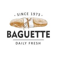 Vintage style bakery shop label, badge, emblem, logo. Colorful graphic art with engraved design baguette element. Collection of hand drawn vector graphic on white background.