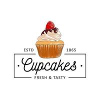 Vintage style bakery shop simple label, badge, emblem, logo template. Graphic food art with engraved cupcake design vector element with typography. Hand drawn pastry on white background.