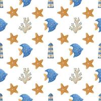 Hand-drawn children's watercolor seamless nautical element pattern vector
