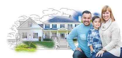 Young Mixed Race Family and Ghosted House Drawing photo