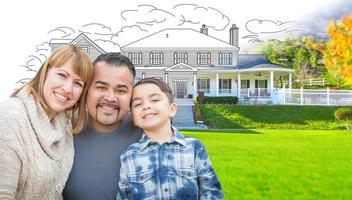 Mixed Race Hispanic and Caucasian Family In Front of Gradation of House Drawing and Photograph photo