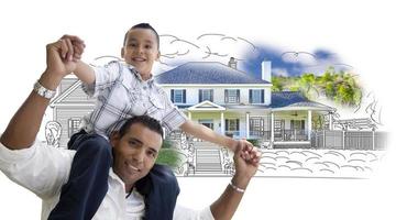 Hispanic Father and Son Over House Drawing and Photo