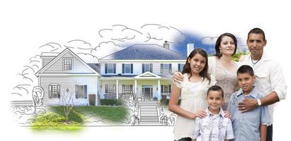 Young Hispanic Family Over House Drawing and Photo on White