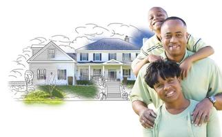 familia afroamericana sobre el dibujo de la casa y la foto en blanco