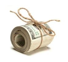 Roll of One Hundred Dollar Bills Tied in Burlap String on White photo