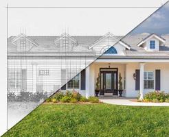 Before and After of Custom House Blueprint Drawing to Finished Construction. photo