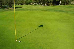 Close-up of Golf Course Green, Flag Pin and Ball. photo