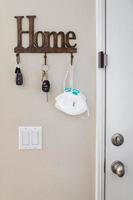 Home Key Hanger Rack Next to Door With Keys and Medical Face Mask During Coronavirus Pandemic. photo