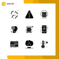 Pack of 9 creative Solid Glyphs of repair timer train stop maze Editable Vector Design Elements