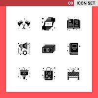 Set of 9 Commercial Solid Glyphs pack for money speaker book marketing automation Editable Vector Design Elements