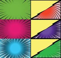 Comic book colorful frames background with halftone rays radial and dotted effects pop art style vector