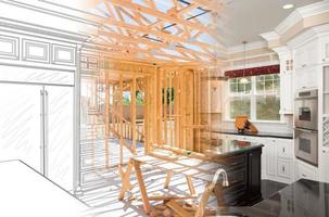 Kitchen Blueprint Drawing Gradating Into House Construction Framing Then Into Finished Build photo