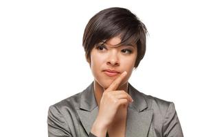 Pretty Biracial Girl Looking To The Side Isolated Against White Background. photo