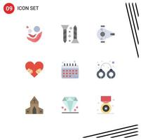 Pack of 9 Modern Flat Colors Signs and Symbols for Web Print Media such as diet planning love self tapping heart ship Editable Vector Design Elements