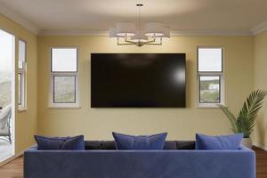 Ilustración 3d de sofá, planta y televisor montado en la pared en blanco en una habitación pintada de amarillo claro. foto
