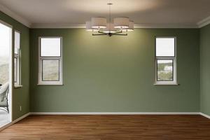 3D Illustration of Newly Remodeled Room of House with Wood Floors, Moulding, Olive Green Paint and Ceiling Lights. photo