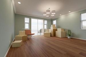 3D Illustration of Several Cardboard Moving Boxes, Chair and Plant on Floor of Empty Room of House. photo