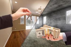 Agent Handing Over House Keys for Cash in Newly Remodeled and Raw Unfinished Room of House Comparison. photo