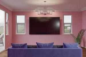 Ilustración 3d de sofá, planta y televisor montado en la pared en blanco en una habitación pintada de rosa chicle profundo.