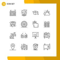 Group of 16 Outlines Signs and Symbols for smiley face education emots moon Editable Vector Design Elements