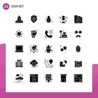 Set of 25 Commercial Solid Glyphs pack for aid microphone shield mic protection Editable Vector Design Elements