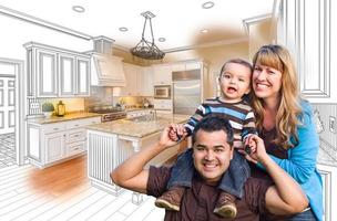 joven familia de raza mixta sobre dibujo de cocina con combinación de fotos