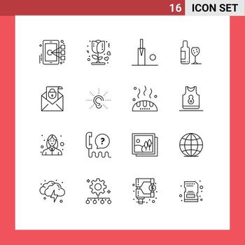 16 Universal Outlines Set for Web and Mobile Applications message mail cricket love bottle Editable Vector Design Elements