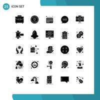 Editable Vector Line Pack of 25 Simple Solid Glyphs of journalist camera camcorder romance messages chat Editable Vector Design Elements