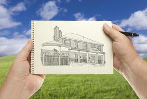 manos sosteniendo papel con casa dibujando sobre campo de hierba vacío foto