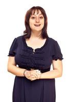 Happy Young Caucasian Woman Smiles on White photo