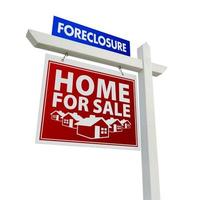 Red and Blue Foreclosure Home For Sale Real Estate Sign on White photo