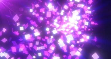 Abstract flying small purple glowing glass squares shiny energetic magical on a dark background. Abstract background photo