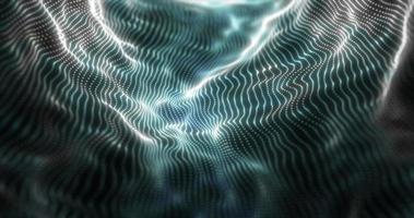 Abstract blue futuristic waves from a grid of particles lines glowing bright shiny neon digital magical energy on a dark background. Abstract background photo