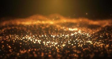 Abstract yellow orange gold glowing energy waves from particles and dots magical with blur effect on dark background. Abstract background photo