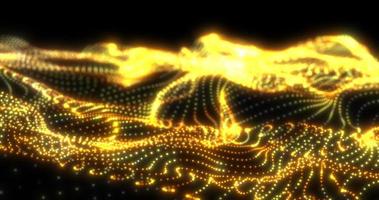 Abstract yellow futuristic waves from a grid of particles lines glowing bright shiny neon digital magical energy on a dark background. Abstract background photo