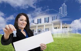 Woman Holding Keys, Blank Sign with Ghosted House Drawing Behind photo