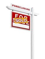 Left Facing Foreclosure Sold For Sale Real Estate Sign Isolated on White. photo