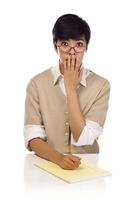 Shocked Mixed Race Young Adult Female Student at Table photo