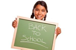 Pretty Hispanic Girl Holding Chalkboard with Back To School photo