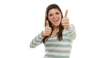 Excited Ethnic Female with Thumbs Up on White photo